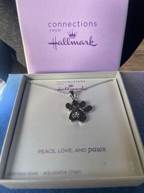 Hallmark Connections Silver Paw Print Necklace with Black Crystals